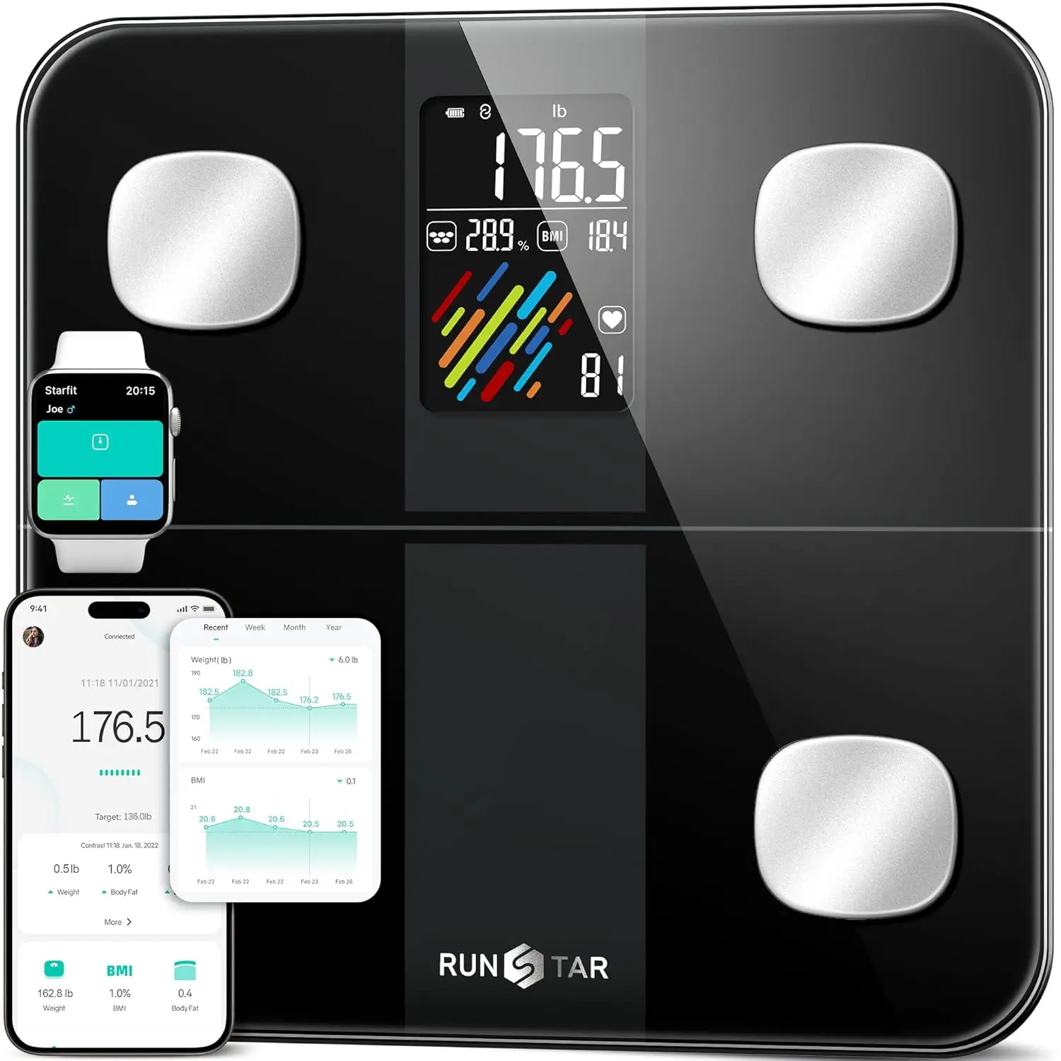 

Smart Digital Bathroom Scale with Body Fat Analysis, Large Display for BMI Heart Rate Sync Fitness App 400lb Capacity