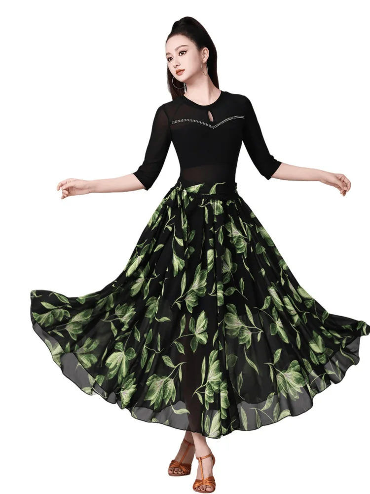

Elegant Floral Print High-Waisted Tie-Up Skirt for Modern Dance Performance Half Skirt for Ballroom Stage Standard Latin Skirts
