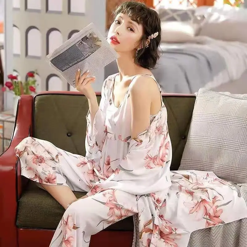 2024 The New Pajamas for Women in Spring Autumn and Summer Loose Sexy Suspenders Long-sleeved Trousers Three-piece Fashion Suits