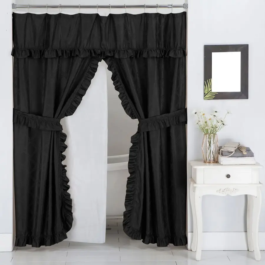

Swag Ruffled Fabric Shower Curtain Set, Intersected Leaves Pattern, PEVA Liner and Roller Rings Black