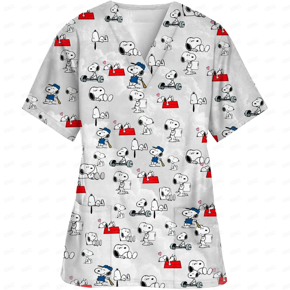 Uniformi da lavoro ospedaliere scollo a V manica corta Scrub vestiti Cartoon Snoopy stampa abbigliamento da infermiera da donna uniforme clinica