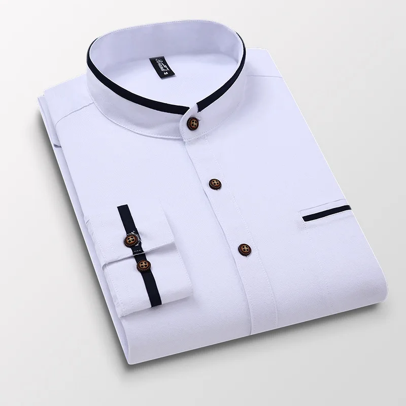 2023 Winter Stand Collar Shirt Male Business Clothing Casual White Solid Shirt M -5XL Shirts For Men Long Sleeve MY630