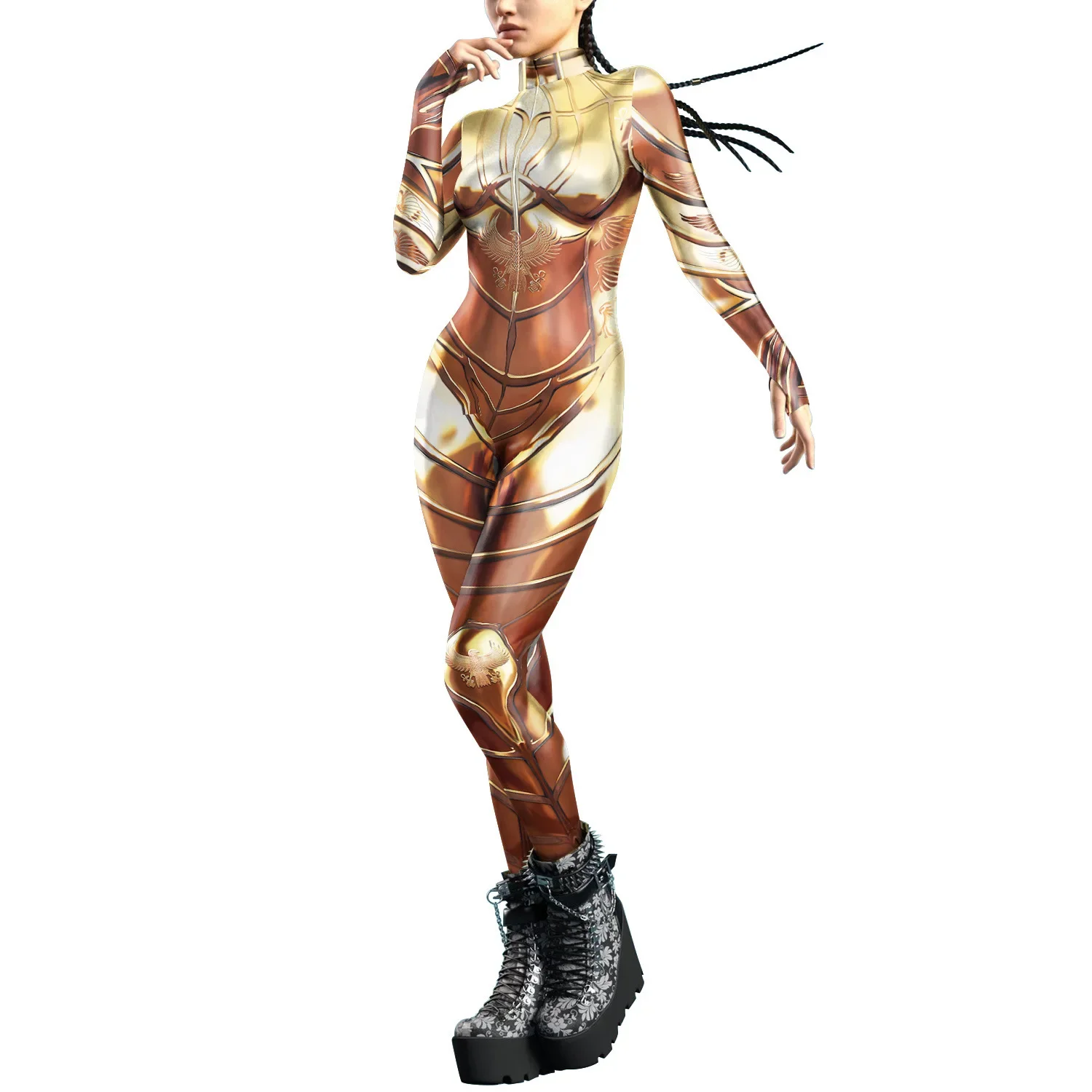 Teanoon Frau Gold Ägyptischer Pharao Overalls Punk Cosplay Kostüm Sexy Front Zipper Zentai Bodys Halloween Party Outfit