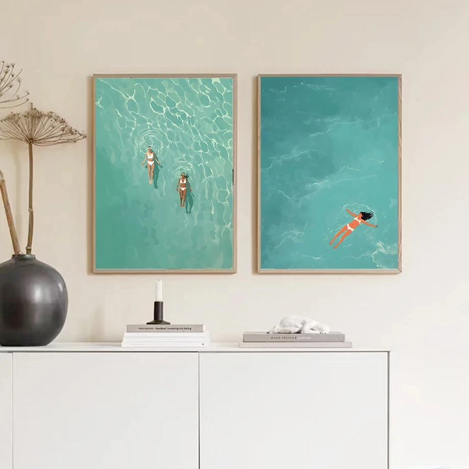 Surfing Sailboat Seaside Holiday Swimming Watercolor Illustration Fashion Wall Art Canvas Painting Nordic Poster Room Decor