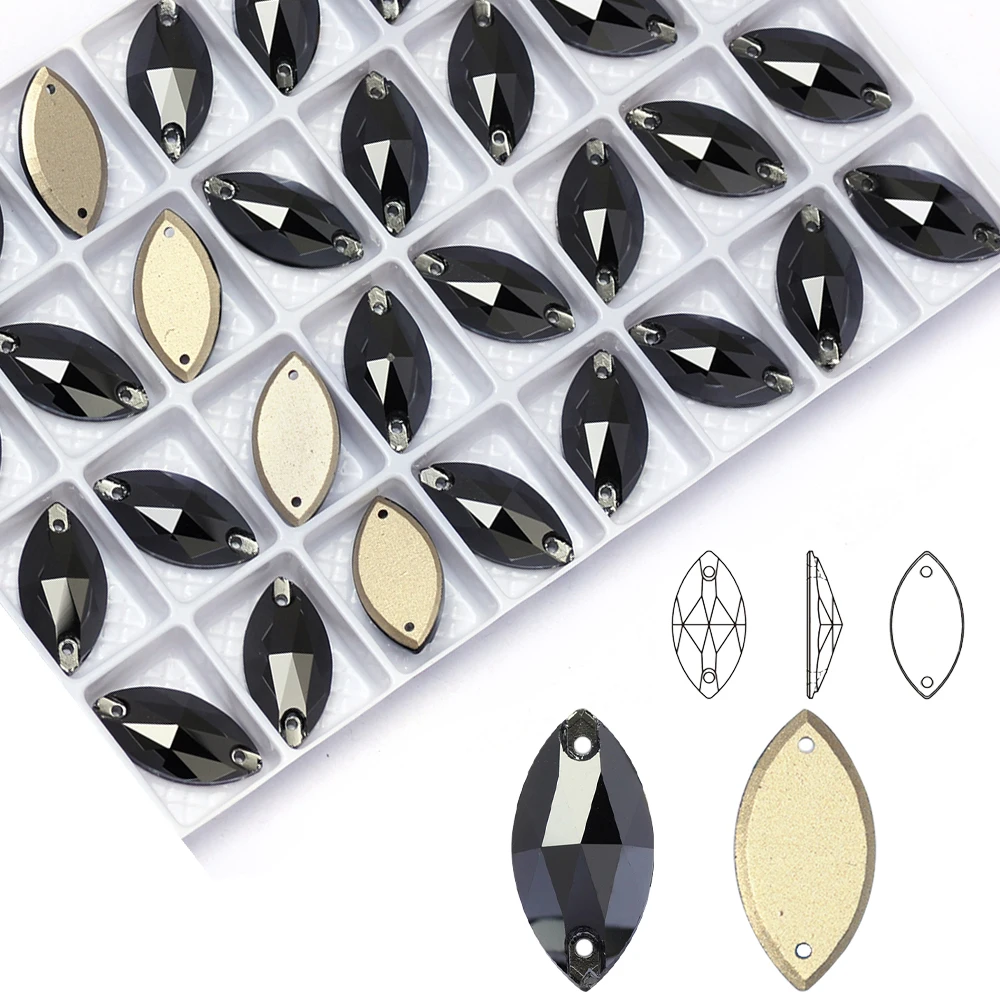 Image of Jet Hämatit, handgenähte K9-Kristallstein-Strasssteine, kratzfest, helles Flash-Navette-Diamant-Design für Kleidung, Schuhe