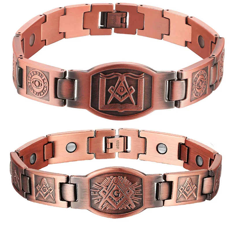 

Masonic Mens Pure Copper Bracelets Link with Double Raw 3000 Gauss Magnets Pain Relief for Arthritis, Carpal Tunnel Migraines