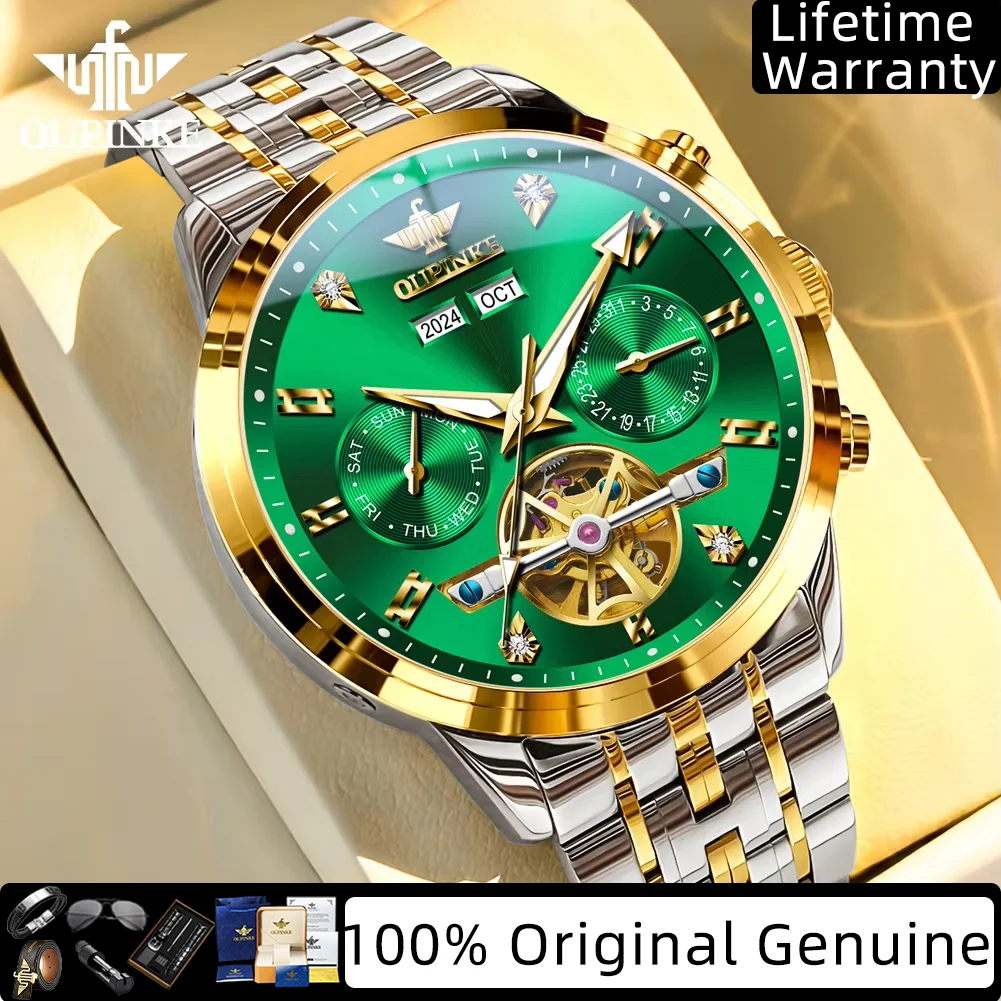 

OUPINKE классические автоматические механические часы со скелетонизированным маховиком, многофункциональные роскошные деловые часы из нержавеющей стали для мужчин 3248