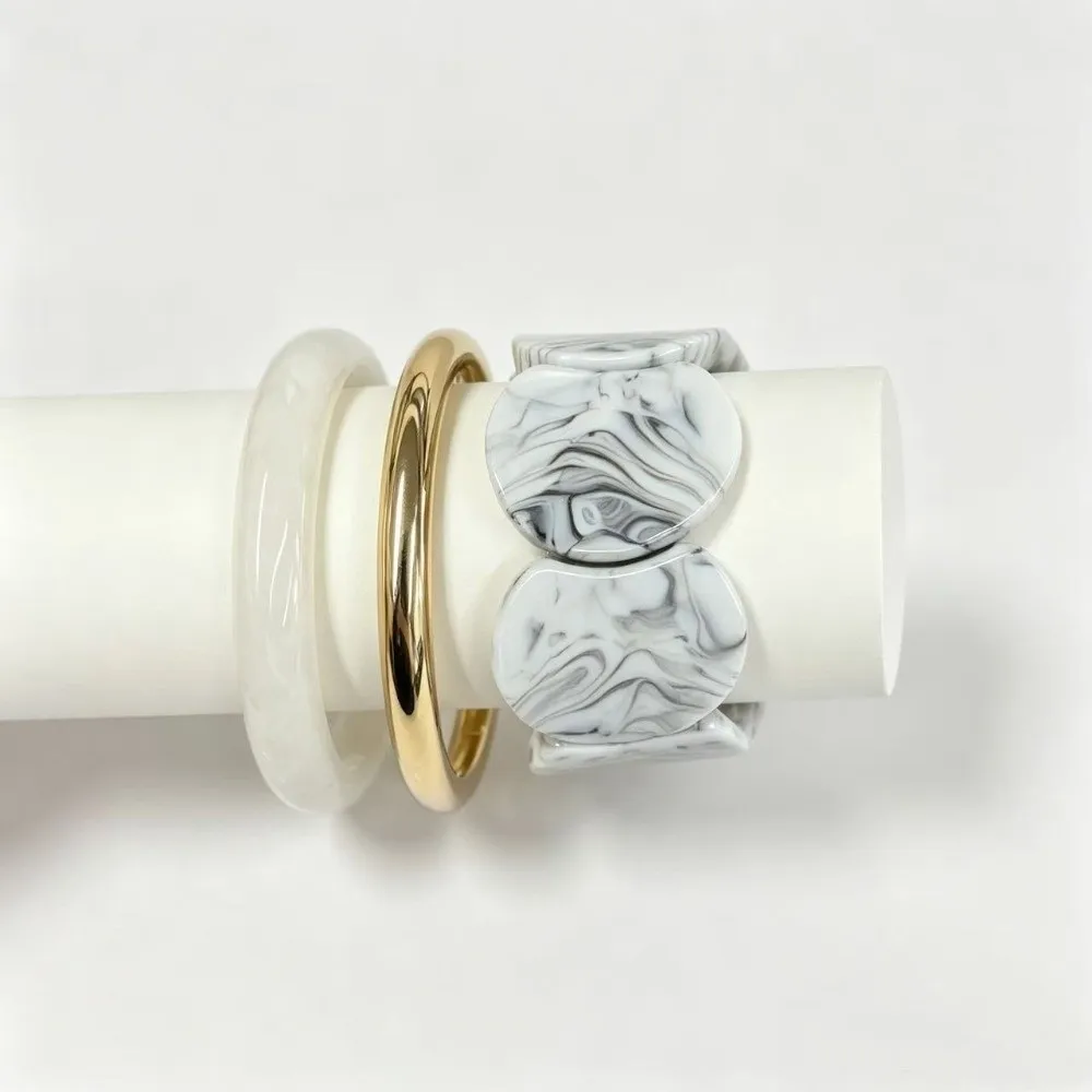 3Pcs/Set Multi-color Resin Alloy Bangles Set Wide Stackable Geometric Bracelets Smudged Marble Pattern Cuff Bracelet Set Gifts