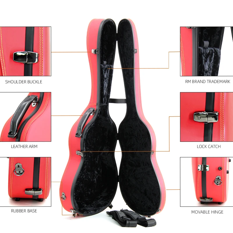 Hooqu Bright Red Fiberglass Hard Case Guitar Travel Durable Classical Custom Guitar Case High Hard Shell Hard Gig Bag Guitar Cas