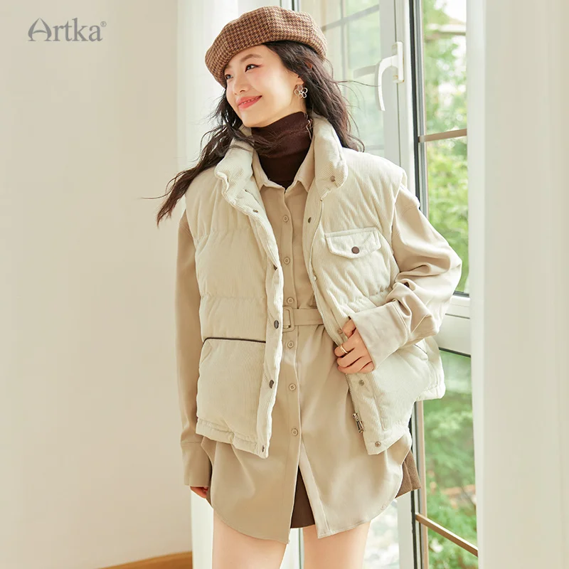 ARTKA 2023 Winter New Women Down Jacket Fashion Casual 90% White Duck Down Corduroy Vest Outerwear Loose Warm Down Vest CK92231D