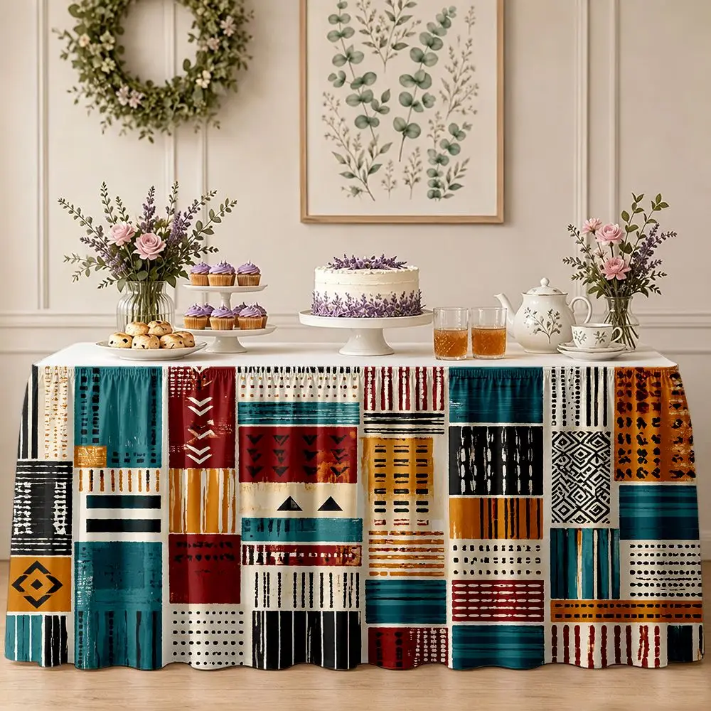 One-piece party table skirt decoration - Geometric tribe patchwork pattern printed ruffled table edge