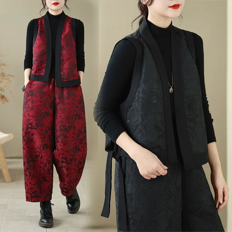 

Chinese Style 2 Piece Outfit Women's Jacquard Vest Asymmetric High Waist Wide Leg Pants Elastic Waist Casual Streetwear Spring j