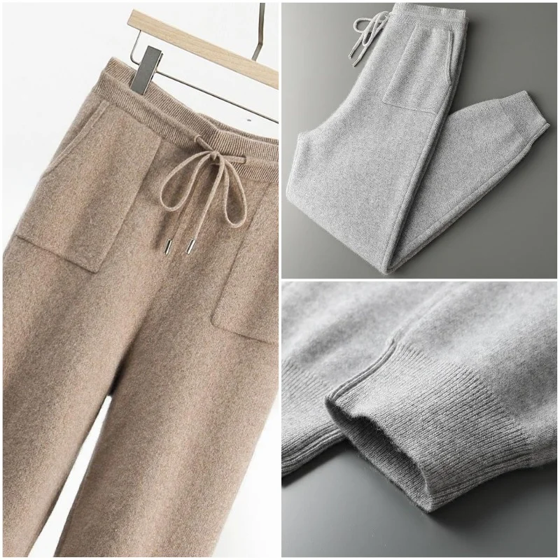 

Men Cashmere Pencil Pants Casual Patch Pocket Autumn Winter Thick Shrink Feet Trousers 100% Cashmere Knitted Elastic Waist Pants