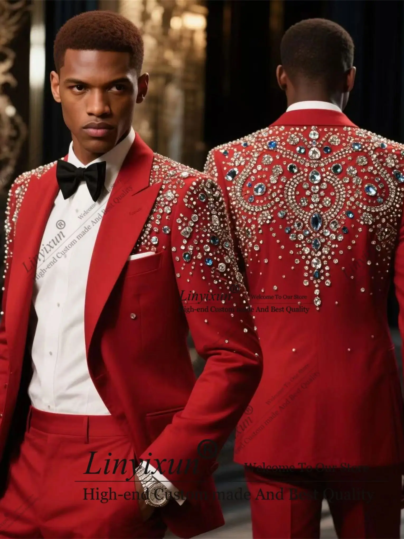 

Trendy Designer Diamond Men Suits 2 Pieces Sets Party Prom Blazer Customized Costume Homme Weddinmg Slim Fit Groom Tuxedos