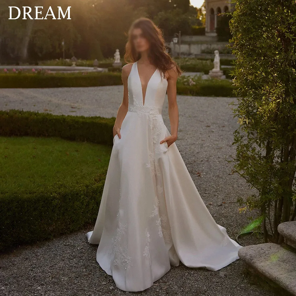 Dream personalizado elegante a linha vestidos de casamento cetim até o chão varredura trem longo vestido de noiva feminino vestidos de novias 2025