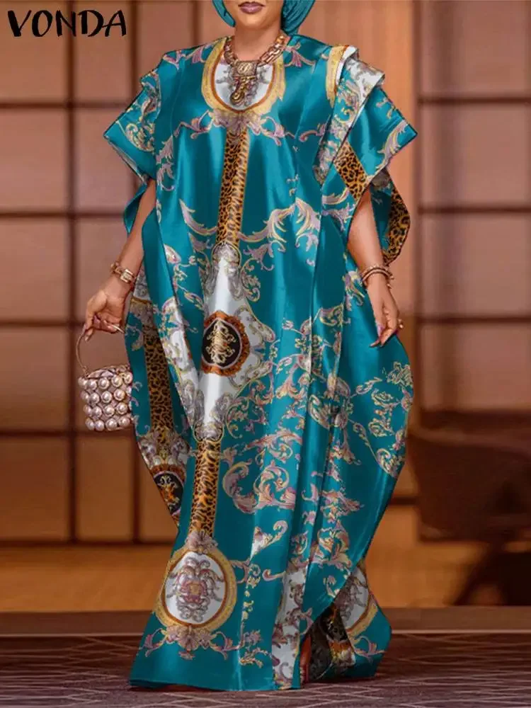 VONDA de talla grande 5XL moda 2024 elegante vestido de satén Maxi vestido largo Sexy estampado Patchwork manga de ala de murciélago Vestidos bata con volantes