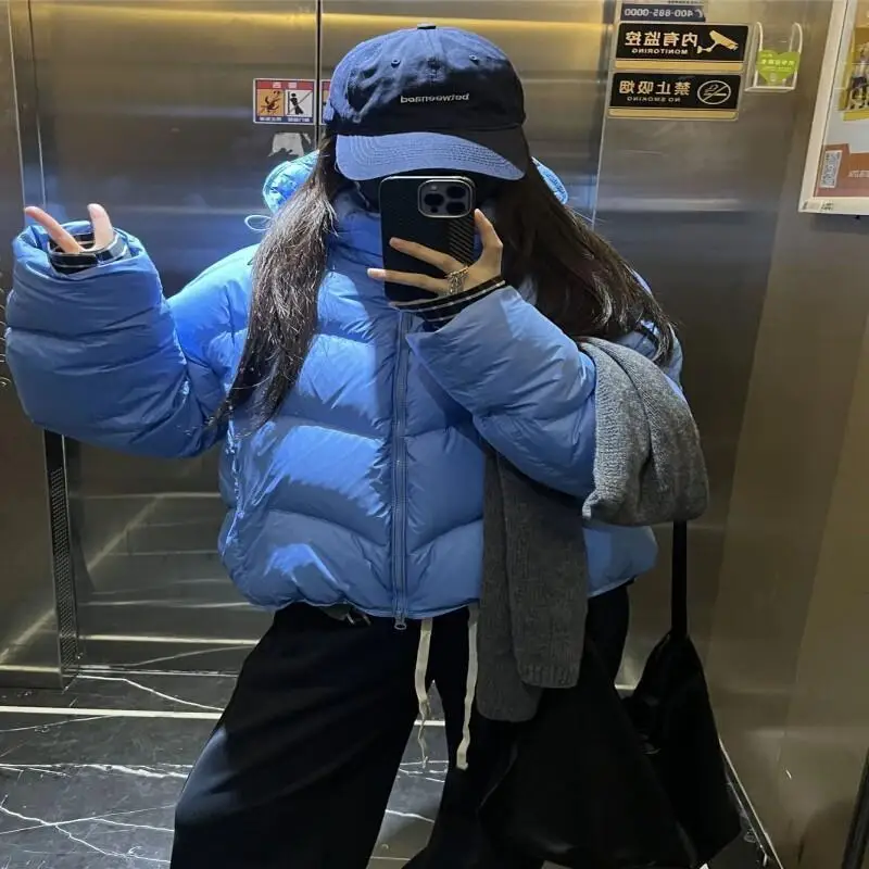 

Daily Wear Women's New Padded Jacket Blue Short Puff Cotton Tops Winter 2025 New Korean Version Loose Hooded Bread Cotton Coat