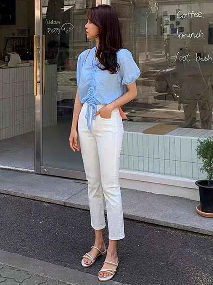 White Vintage Jeans Women's Straight Leg Pants 2022 Spring High Stretch High Waist Ankle Length Skinny Boyfriend Hot Denim Pants