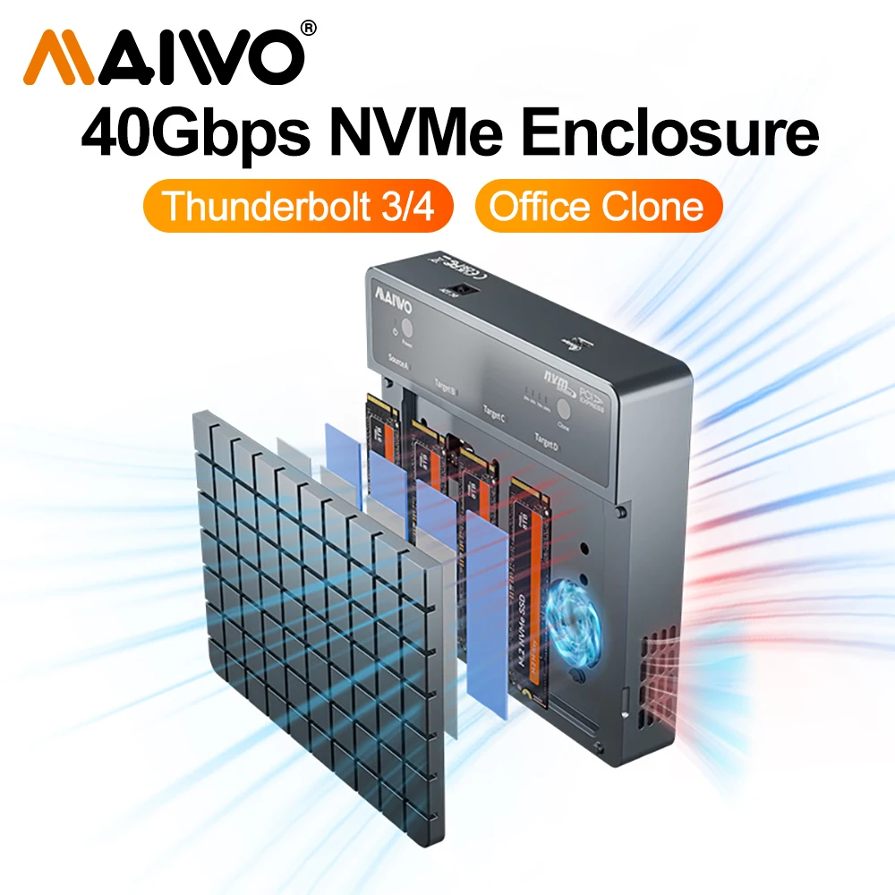 MAIWO 4 Bay USB4.0 40Gbps M.2 NVMe SSD Enclosure Compatible M.2 To Type-C 4.0 32TB Solid State Drive Case with Fan Offline Clone