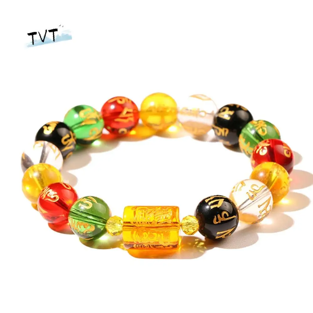 Budismo feng shui pulseira de cristal colorido pixiu pulseira 12mm frisado ouro-estampado vidro sorte riqueza pulseira diy acessórios