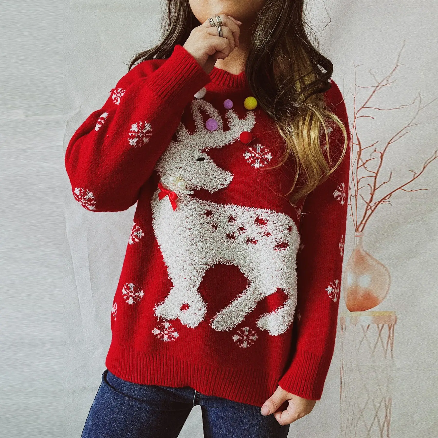 

2025 Elk Flocked Jacquard Handmade Pearl Color Ball Decoration Knitted Christmas Sweater Pullover