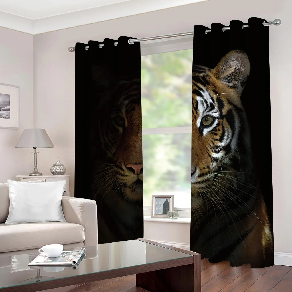 HUANZHUANG Curtains For Windows Animal Tiger  Pattern Blackout Grommet Top Window Treatment For Bedroom Living Room Free