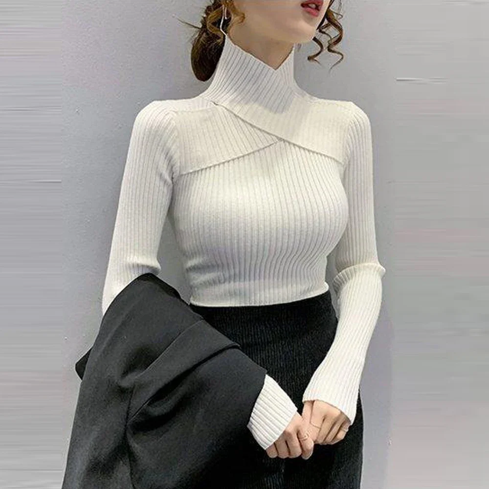 Woman Black White Sweater T Shirt S-XL Long sleeved Blouse Women High Neck Knitted Shirt Womens Blouses Elegant A RAN A YUE