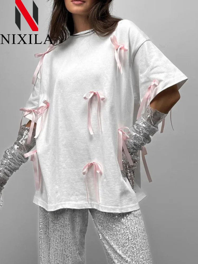 

New Summer Knit Casual Women's Oversize T-shirt Loose Short Sleeve Top Contrasting Bow Elegant Fashion T-shirt for Women Clothes