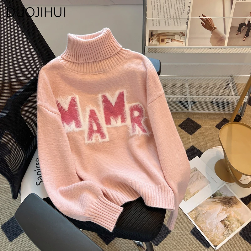 

DUOJIHUI Vintage Sweet Basic Knit Sweater Women Pullovers Chicly Letter Loose Simple Casual Solid Color Fashion Female Pullovers