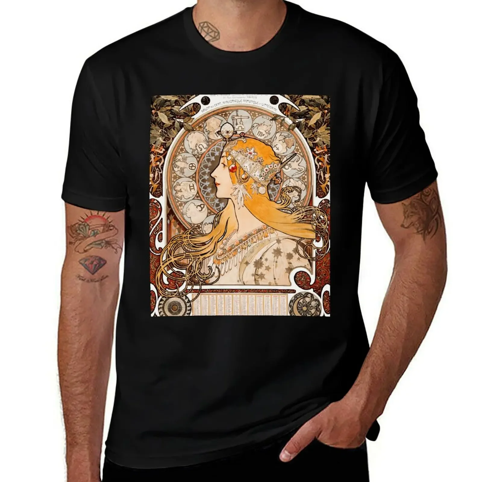 Alfons Mucha La Plume Zodiac Calendar Art Nouveau T-Shirt anime tshirt Luxury man mens designer clothes