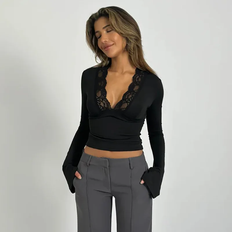 Vrouwen Tops Sexy Meisje Lange Mouw Slanke V-Hals Patchwork Kant Crop Top Dame Mode Effen Kleur Elastisch Strakke Basis Shirt Blous