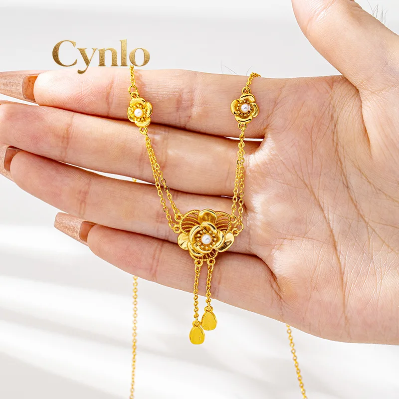 

Cynlo Jewelry Women 24K Gold AU999 Hollow Flower Tassel Necklace Earring Ring Elegant Set - Pure gold, detachable, ideal for gif