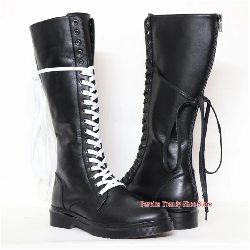 Black Genuine Leather Lace Up Knight Boots Trendy Cowhide Thick Soled Over The Knee Boots Winter Versatile Comfortable Men Shoes