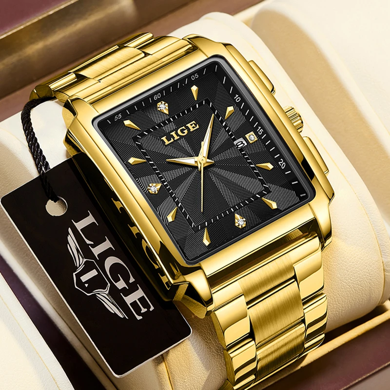 LIGE Gold Watch Men Square Mens Clock Top Brand Luxury Quartz Watches Stainless Steel Waterproof Wristwatch Relogio Masculino