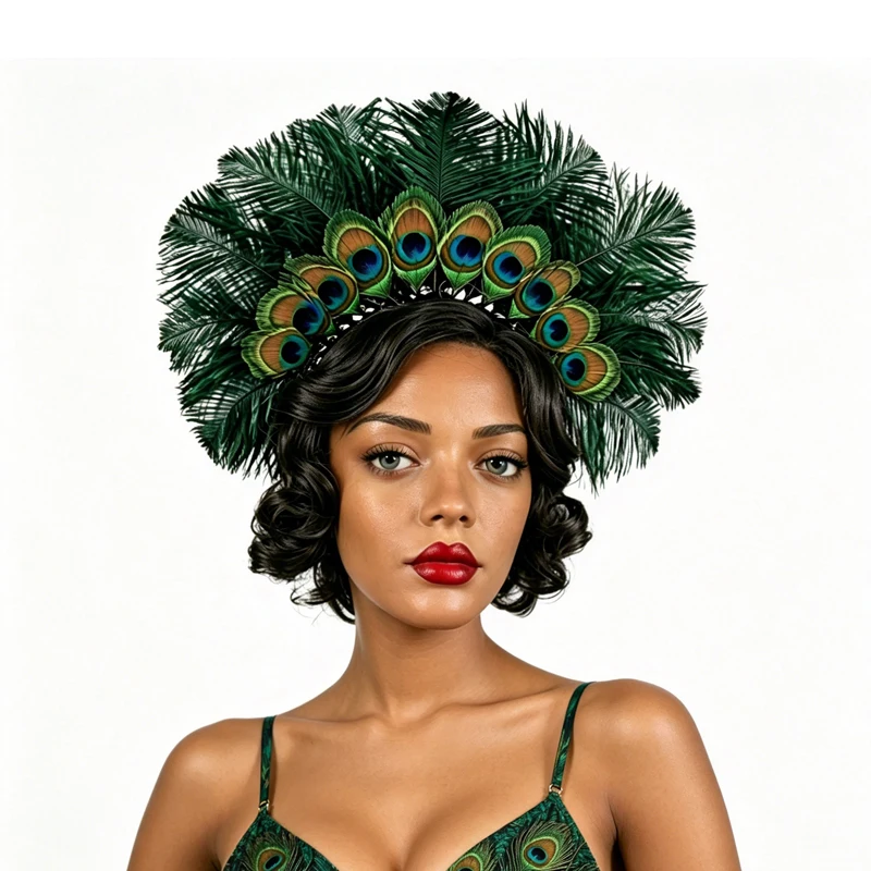 

Lightweight Peacock Feather Halo Crown, Dark Green Ostrich Flapper Headband, Roaring 20s Headpiece for Carnival Halloween