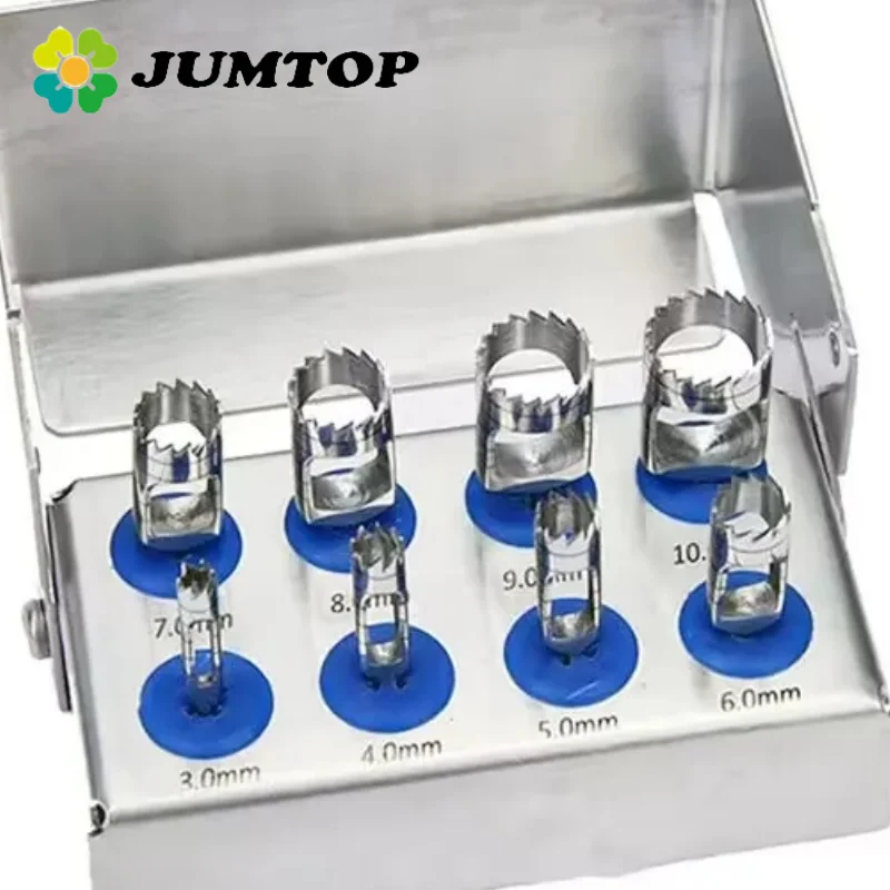 

JUMTOP 8Pcs Dental Dental Implant Tissue Punch Kit with Disinfection Holder Trephine Burs Bone Graft Drills Surgical Instruments