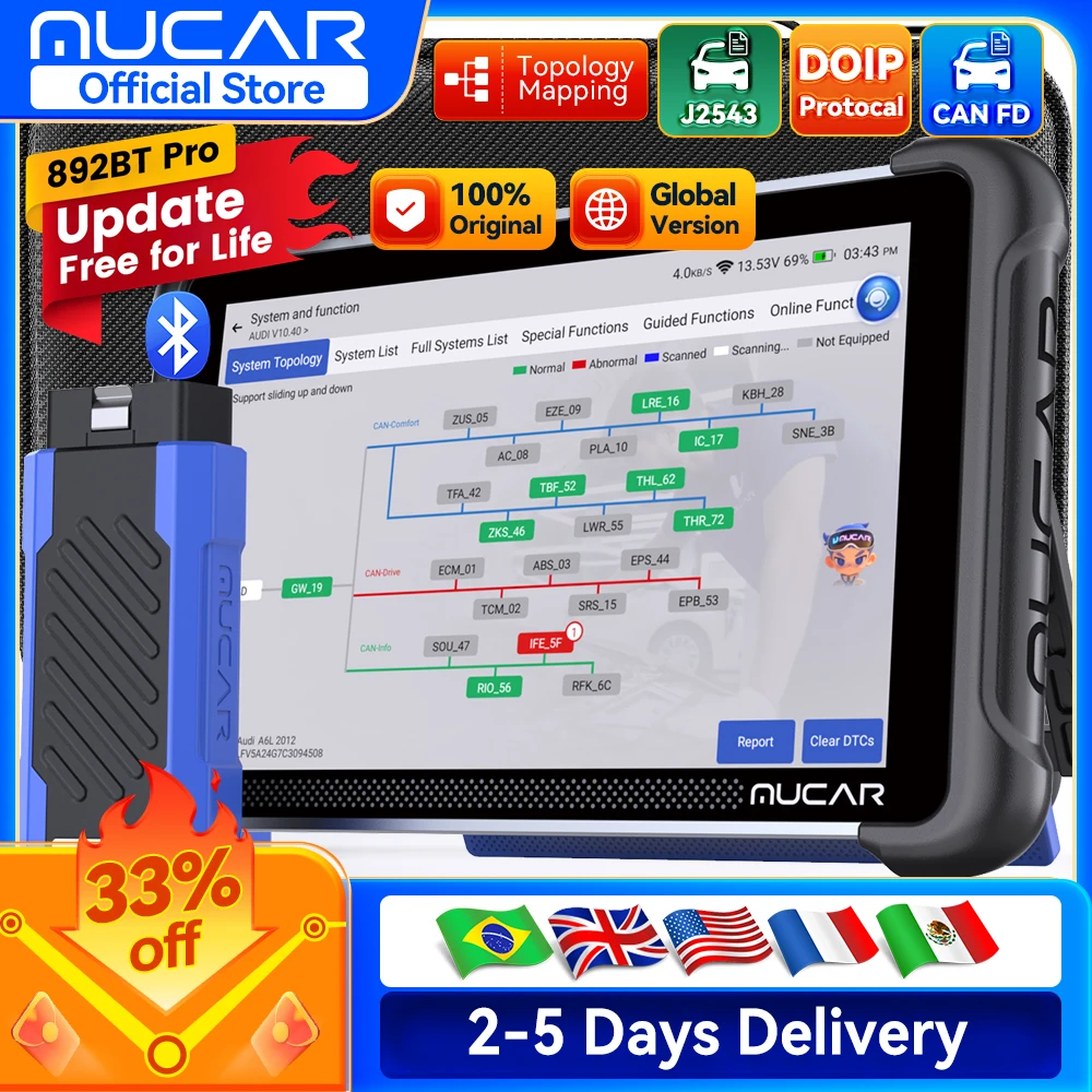 Image of Kostenloses Update MUCAR 892BT Pro OBD2 Scanner J2534 CAN FD/DoIP Alle-System-Diagnose Bidirektionales Scan-Tool Topologie-Karte 35 Reset-Funktionen