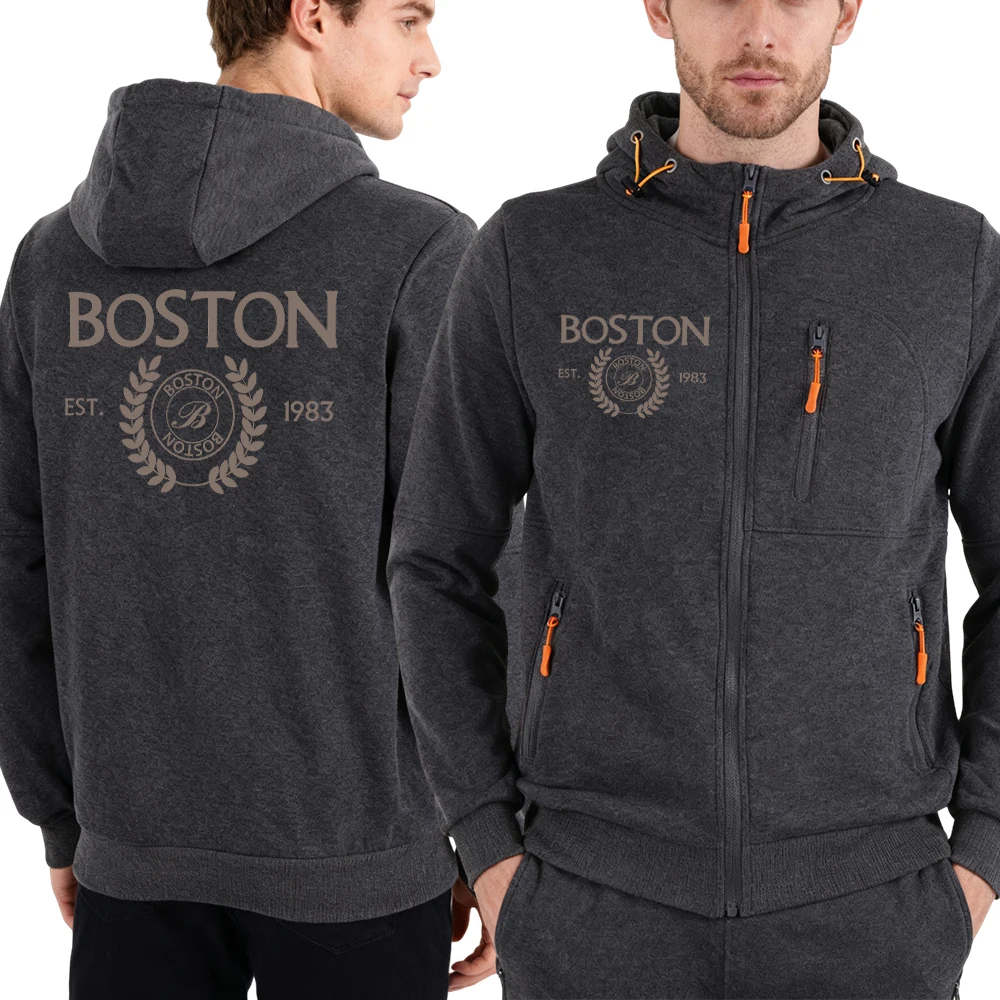 

Бостонская буква Est.1983 Толстовка на молнии с принтом Мужская уличная повседневная верхняя осенняя свободная флисовая пуловер с капюшоном Модное пальто в стиле хип-хоп