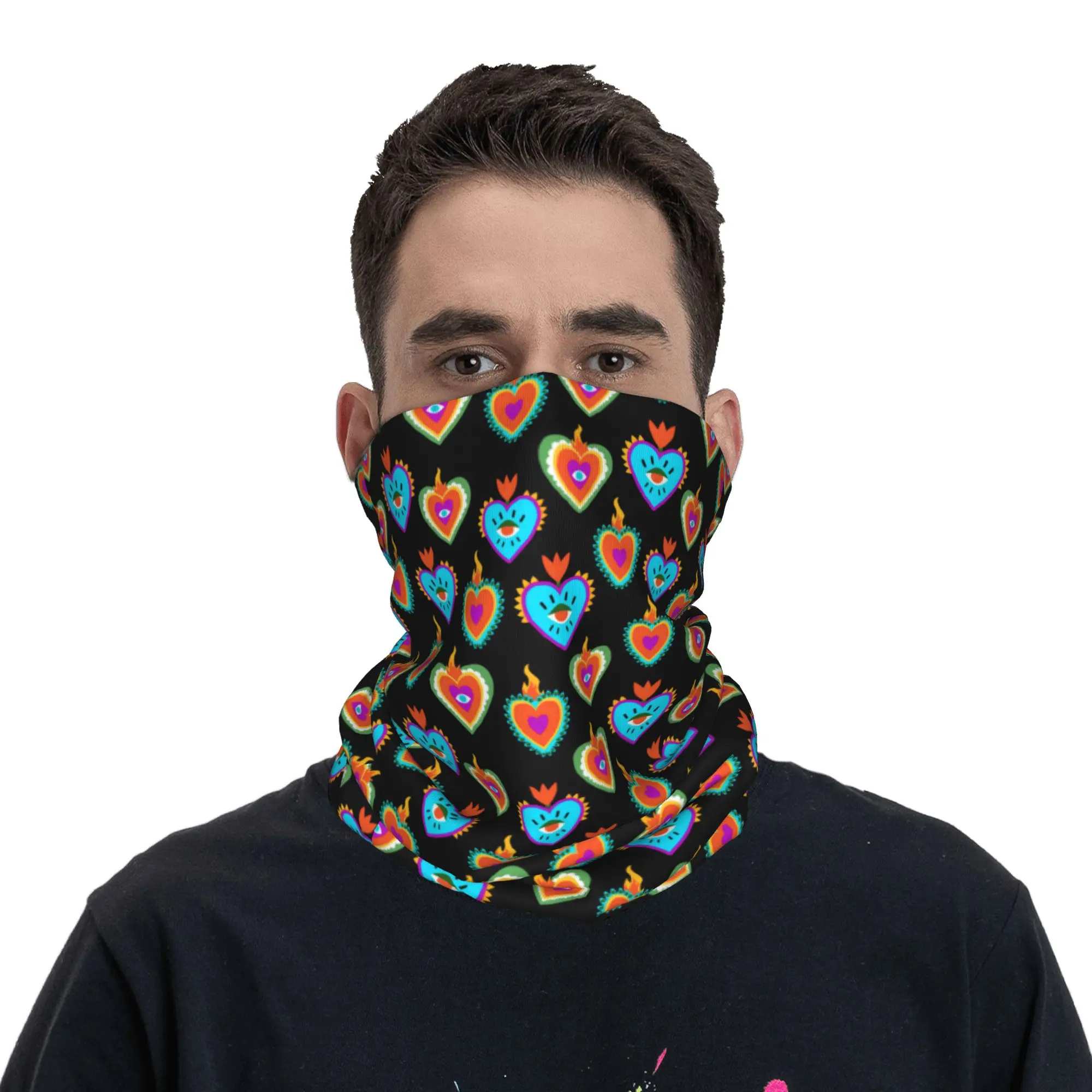 Retro Mexican Heart Milagro pattern Bandana Neck Gaiter Printed Wrap Scarf Warm Cycling Scarf Running Unisex Adult
