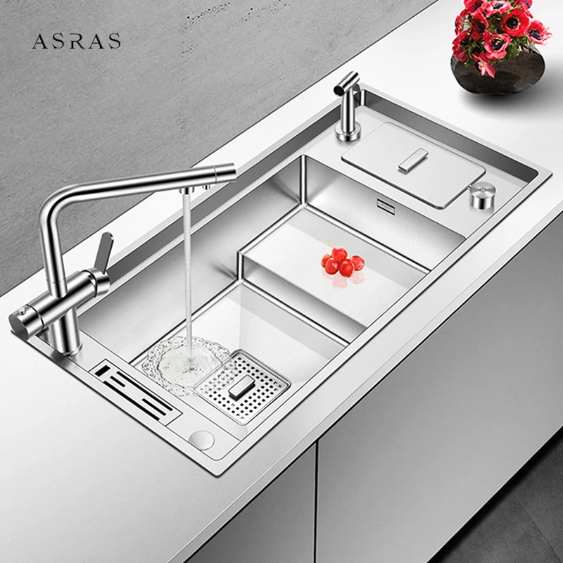 ASRAS Luxury 304 Stainless Steel Kitchen Stepped Sink 4mm Thickness 220mm Depth Large Size Handmade Brushed With Trash Can Sink