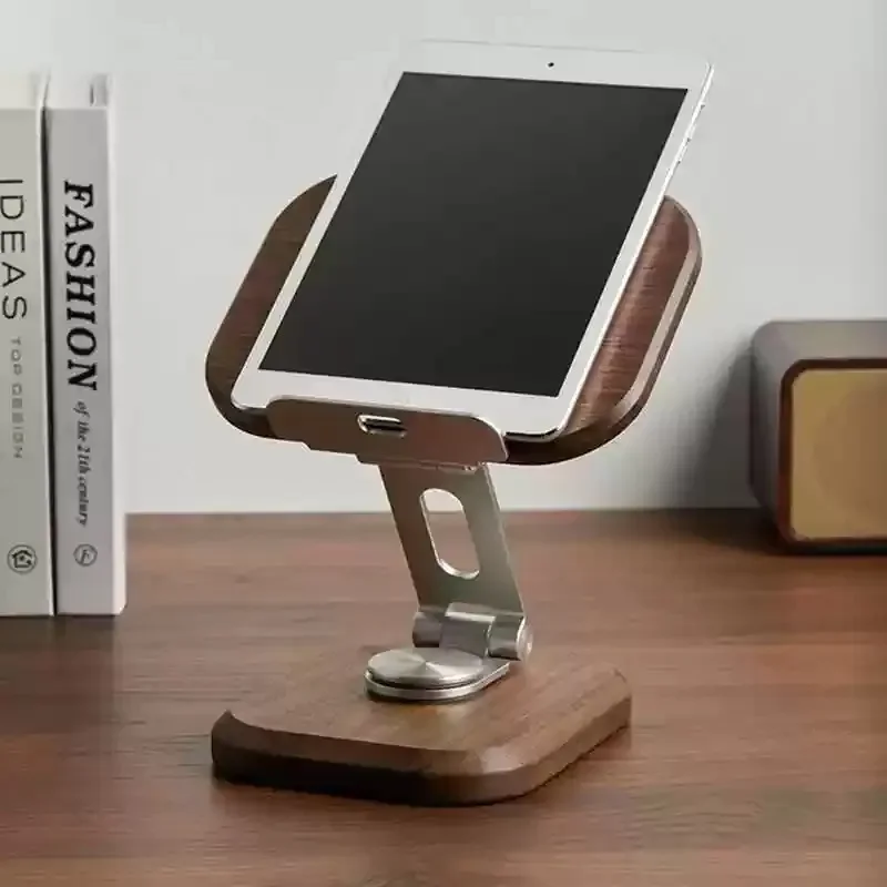 Black Walnut Solid Wood Tablet Stand Adjustable Rotating Desktop Phone Holder for Office Video Watching Stable Base Design
