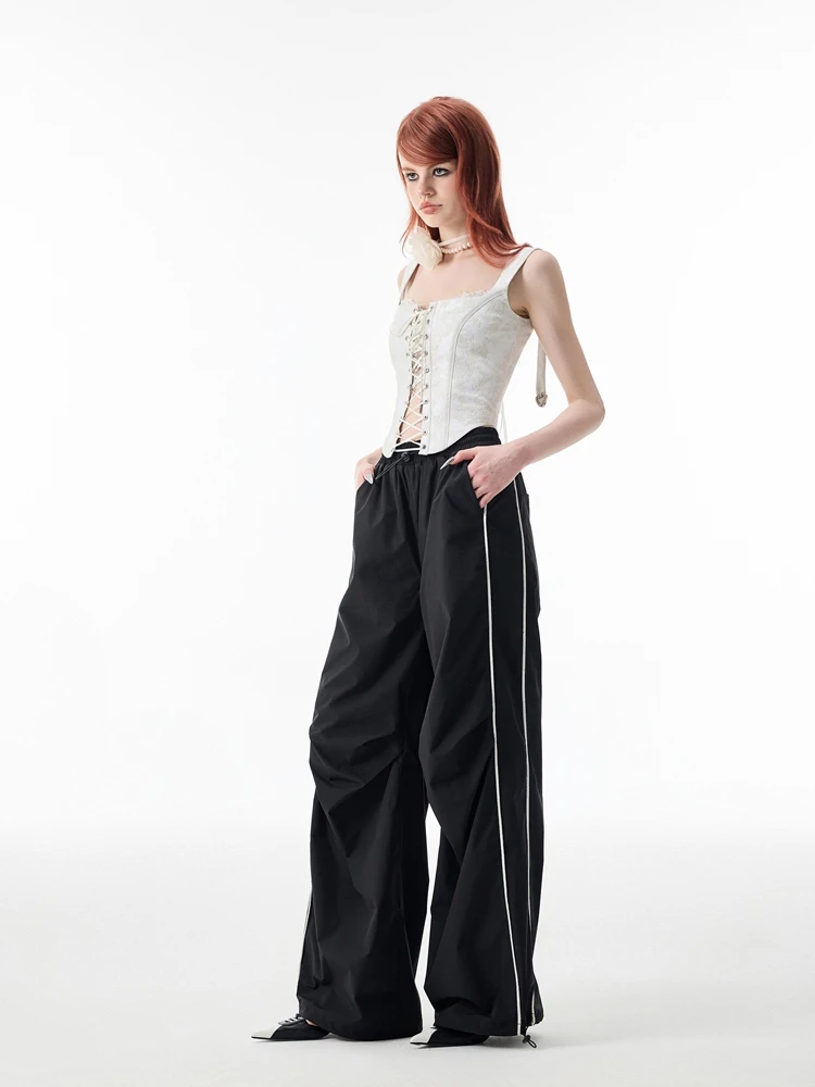 Straight-Leg Pants Women's  Draping Contrast Color Decoration Leisure Sports Loose Wide Leg Casual Natural Waist Regular Street