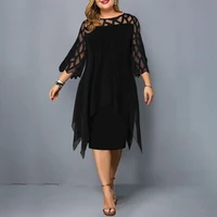 2025 vestido Midi de gasa ahuecado para mujer Primavera Verano cuello redondo Vestidos negros irregulares elegantes batas de fiesta de noche para oficina para mujer