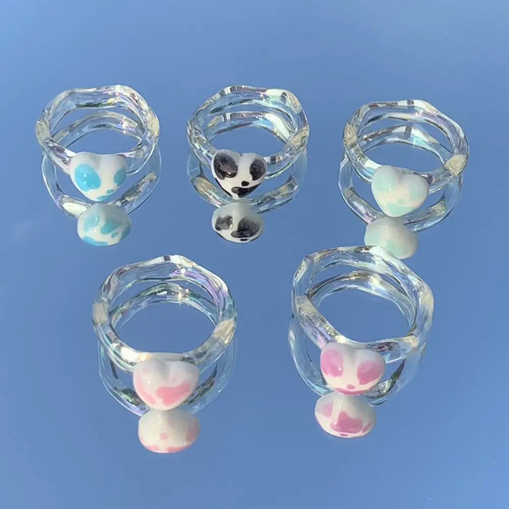 Summer Creative Colorful Leopard Heart Pattern Ring Korean Style Transparent Plastic Finger Ring for Female Jewelry Accessories image 2
