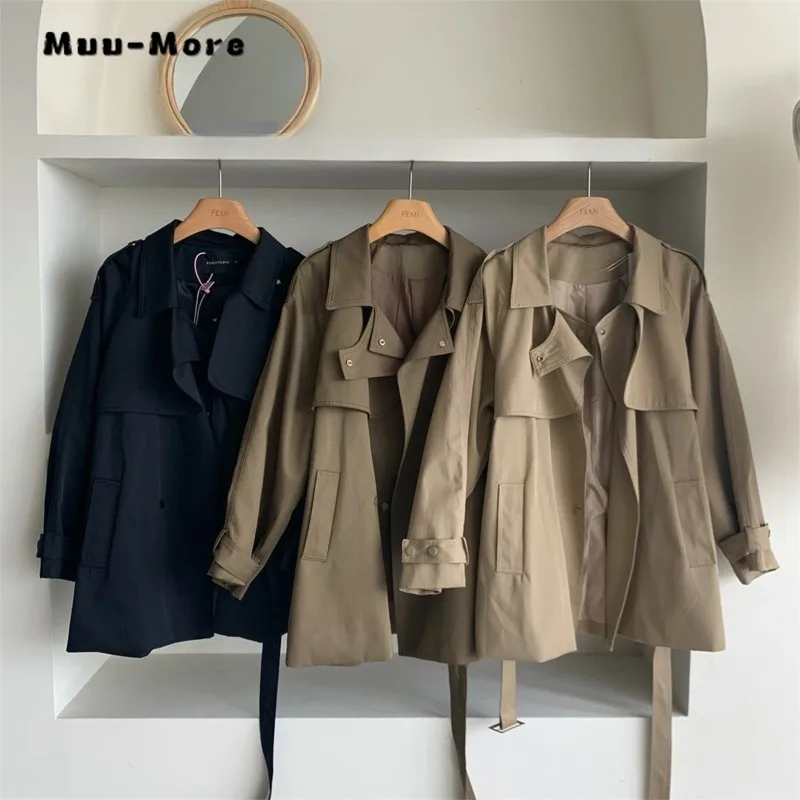 

Korean Style Fashion Patchwork Trench Coat Double-Breasted Belted Loose Coat for Women 2023 Autumn Winter Windbreaker Outerwear
