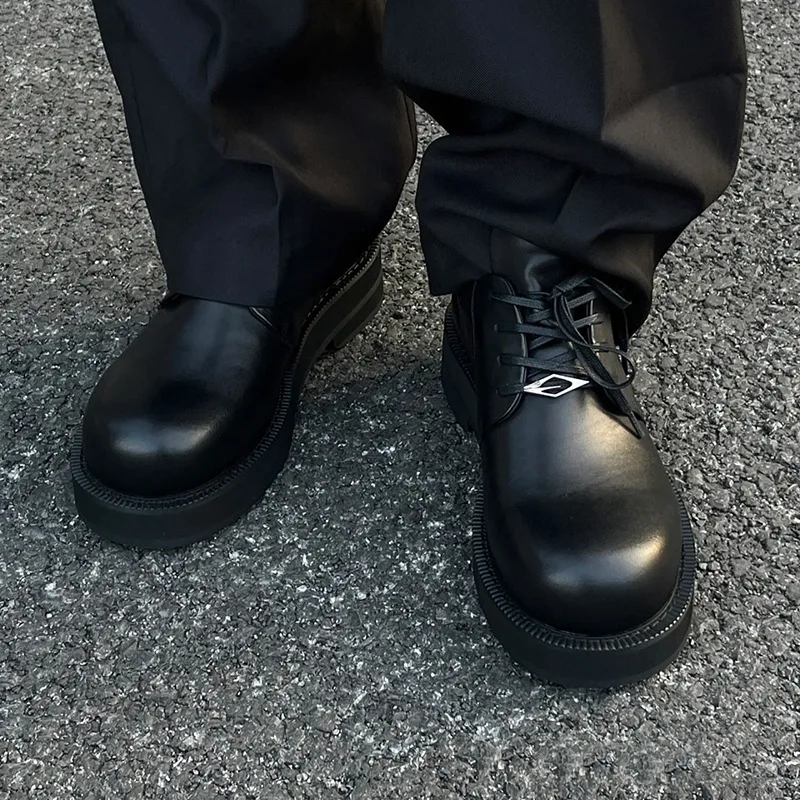 Big head derby shoes men's British style black round toe thick soled small leather shoes height increasing casual shoes