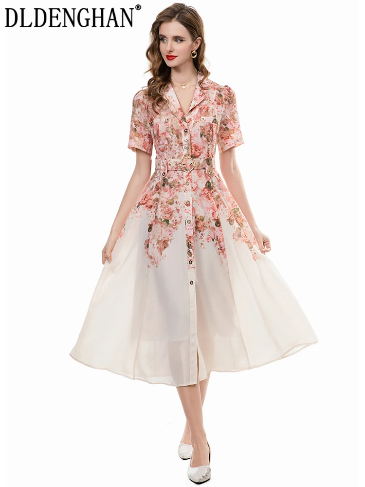 

DLDENGHAN Single Breasted Dress For Women Notched Short Sleeves Sashes Pockets Vintage Print Dresses Summer Fashion Female