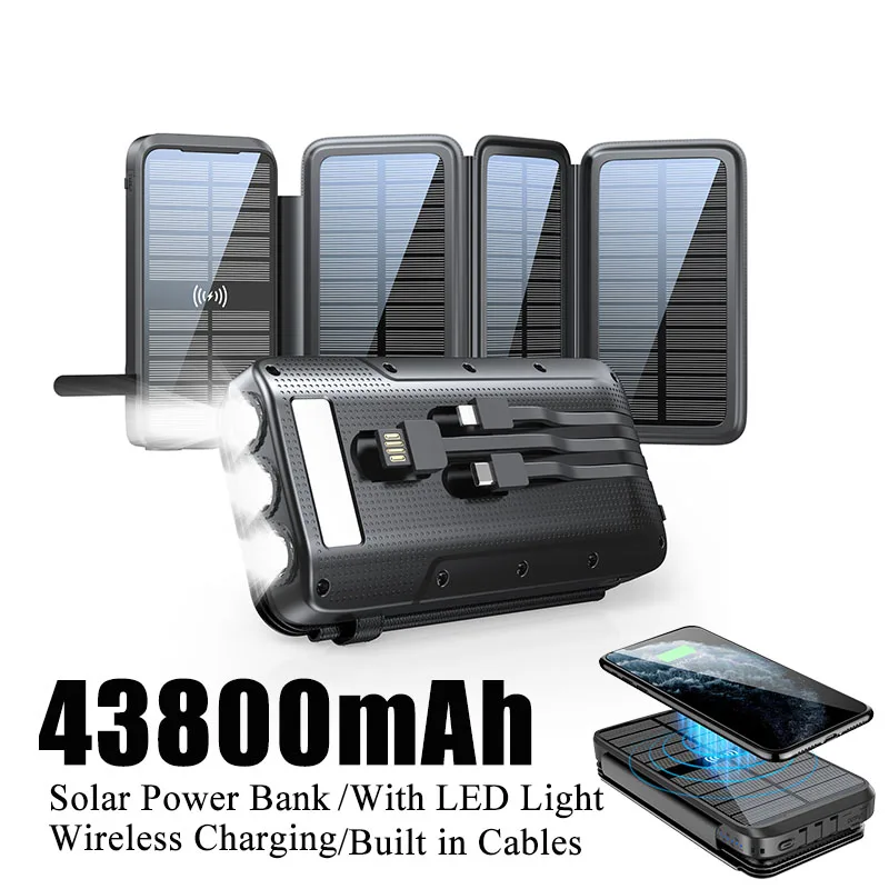 

43800 мАч Солнечная батарея Быстрое беспроводное зарядное устройство Внешний аккумулятор PD 20 Вт Powerbank Встроенные кабели Светодиодный светильник для iPhone Xiaomi