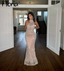 Beige Pearls Mermaid Light Champagne Cocktail Dress Sleeveless Hight Neck Elegant Women Long Evening Dress  Robe Soirée Female