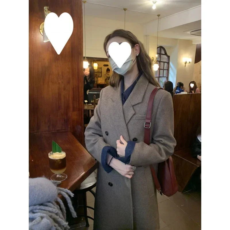 Retro coffee suit front shoulder woolen coat women's autumn and winter new loose and thin medium and long thickened woolen coat